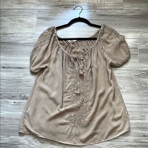 Solitaire Tan Puff Sleeve Blouse with Ruched Neckline